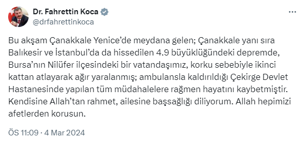 Çanakkale'deki 4,9'luk deprem nedeniyle Bursa'da 2. kattan atlayan vatandaş hayatını kaybetti
